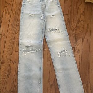 Zara The 90s Full Length Wide Straight Distress Blue Jeans High Rise Raw Hem‎